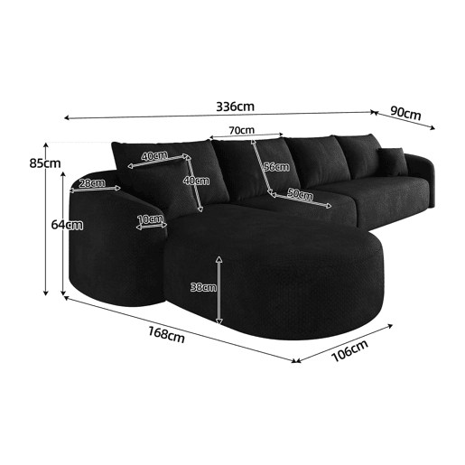 Sofá de canto modular de 336 cm - espuma comprimida, sem montagem, 4 lugares - Preto