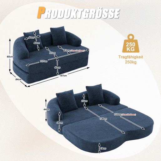 Sofá-cama rápido de 2 lugares 2 em 1 u2013 conversível com duas almofadas, versátil para a sala de estar e o quarto de hóspedes u2013 azul-marinho em chenille Sofá-cama rápido de 2 lugares 2 em 1 u2013 conversível com duas almofadas, versátil para a sala de estar e o quarto de hóspedes u2013 azul-marinho em chenille