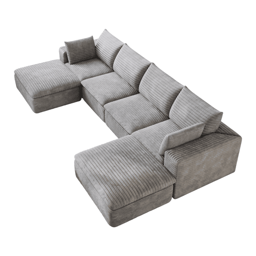 Sofá modular 340 x 160 cm - 4 lugares em veludo, design de dupla camada, almofadas com capas removíveis, sem montagem - cinzento Sofá modular 340 x 160 cm - 4 lugares em veludo, design de dupla camada, almofadas com capas removíveis, sem montagem - cinzento