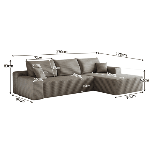 Sofá modular de canto de 270 cm - 3 lugares, chaise longue em L, assento profundo, sem montagem - Camel Sofá modular de canto de 270 cm - 3 lugares, chaise longue em L, assento profundo, sem montagem - Camel