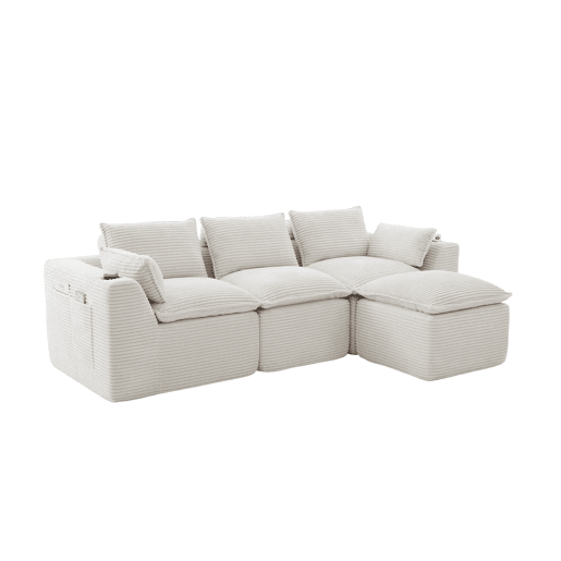 Sofá modular de 3 lugares com apoio para os pés u2014 almofadas, porta-copos, 2 bolsos laterais, espuma e molas, tecido de veludo cotelê u2014 bege Sofá modular de 3 lugares com apoio para os pés u2014 almofadas, porta-copos, 2 bolsos laterais, espuma e molas, tecido de veludo cotelê u2014 bege