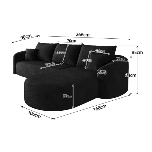 Sofá modular de canto de 266 cm - sem montagem, espuma comprimida, sofá modular sem estrutura, 3 lugares - Preto