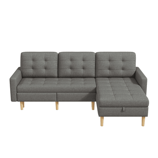 Sofá de canto em L 212x130x86 cm - chaise longue reversível, espaço de arrumação, 3 lugares, tecido não tecido, para espaços pequenos - cinzento