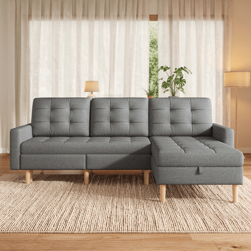 Sofá de canto em L 212x130x86 cm - chaise longue reversível, espaço de arrumação, 3 lugares, tecido não tecido, para espaços pequenos - cinzento