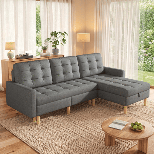 Sofá de canto em L 212x130x86 cm - chaise longue reversível, espaço de arrumação, 3 lugares, tecido não tecido, para espaços pequenos - cinzento