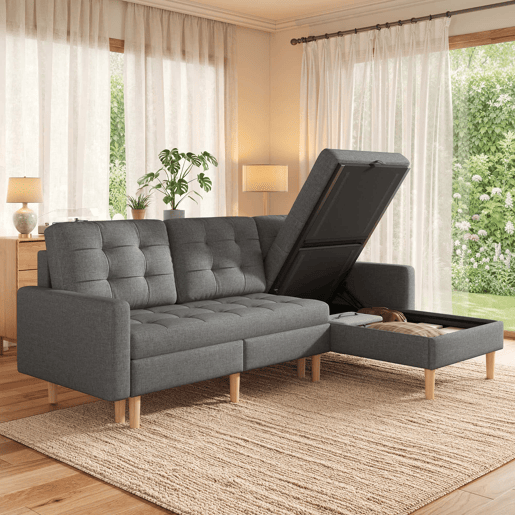 Sofá de canto em L 212x130x86 cm - chaise longue reversível, espaço de arrumação, 3 lugares, tecido não tecido, para espaços pequenos - cinzento