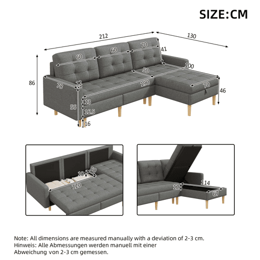 Sofá de canto em L 212x130x86 cm - chaise longue reversível, espaço de arrumação, 3 lugares, tecido não tecido, para espaços pequenos - cinzento