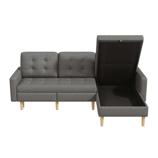 Sofá de canto em L 212x130x86 cm - chaise longue reversível, espaço de arrumação, 3 lugares, tecido não tecido, para espaços pequenos - cinzento
