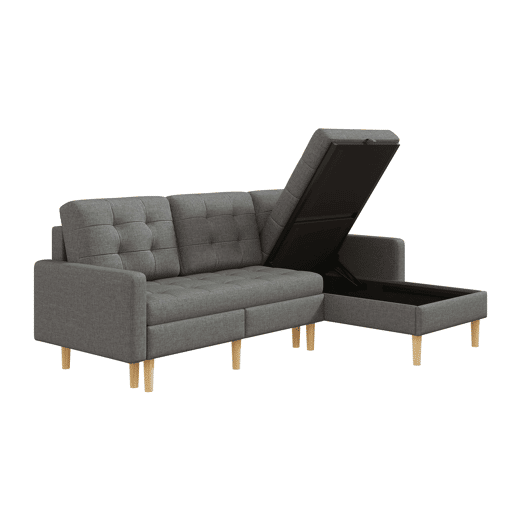 Sofá de canto em L 212x130x86 cm - chaise longue reversível, espaço de arrumação, 3 lugares, tecido não tecido, para espaços pequenos - cinzento