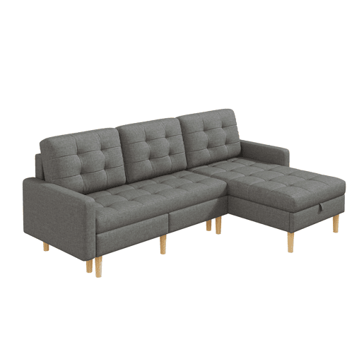 Sofá de canto em L 212x130x86 cm - chaise longue reversível, espaço de arrumação, 3 lugares, tecido não tecido, para espaços pequenos - cinzento