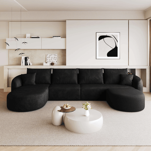 Sofá modular de canto em U, 336 cm - 4 lugares, espuma comprimida, sem montagem, estofo em chenille - Preto