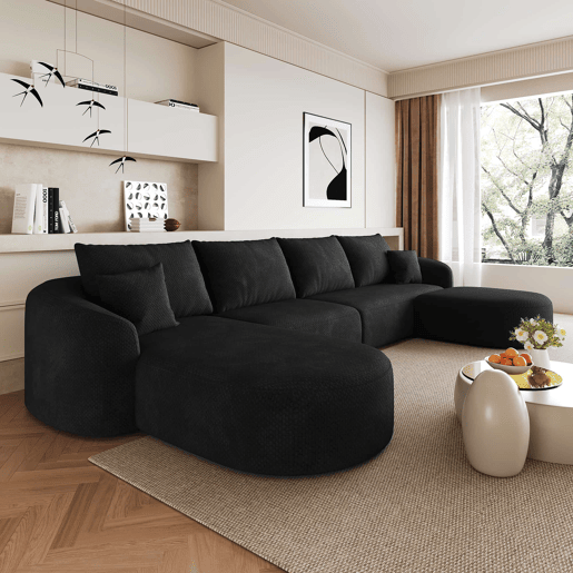 Sofá modular de canto em U, 336 cm - 4 lugares, espuma comprimida, sem montagem, estofo em chenille - Preto