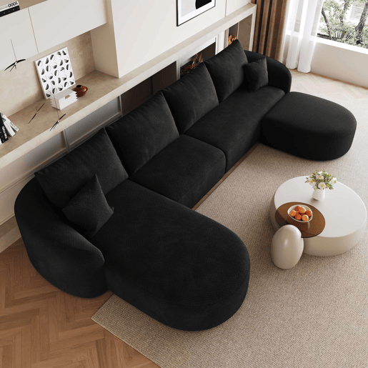 Sofá modular de canto em U, 336 cm - 4 lugares, espuma comprimida, sem montagem, estofo em chenille - Preto