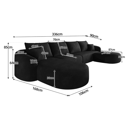 Sofá modular de canto em U, 336 cm - 4 lugares, espuma comprimida, sem montagem, estofo em chenille - Preto