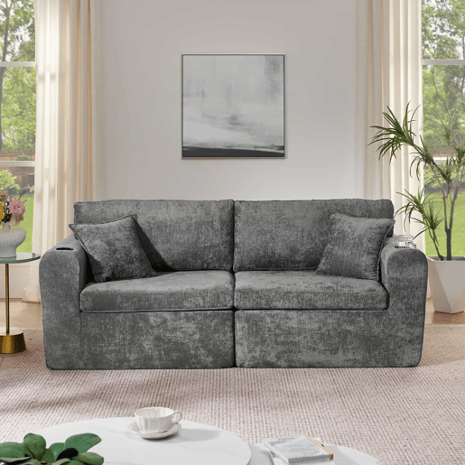 Sofá relax de 2 lugares - para espaços pequenos - tecido de chenille macio, bolso lateral, porta-copos e almofadas, adequado para a sala de estar, escritório, quarto de hóspedes e apartamentos - Cinza Sofá relax de 2 lugares - para espaços pequenos - tecido de chenille macio, bolso lateral, porta-copos e almofadas, adequado para a sala de estar, escritório, quarto de hóspedes e apartamentos - Cinza