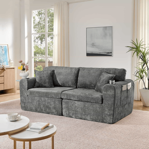 Sofá relax de 2 lugares - para espaços pequenos - tecido de chenille macio, bolso lateral, porta-copos e almofadas, adequado para a sala de estar, escritório, quarto de hóspedes e apartamentos - Cinza Sofá relax de 2 lugares - para espaços pequenos - tecido de chenille macio, bolso lateral, porta-copos e almofadas, adequado para a sala de estar, escritório, quarto de hóspedes e apartamentos - Cinza