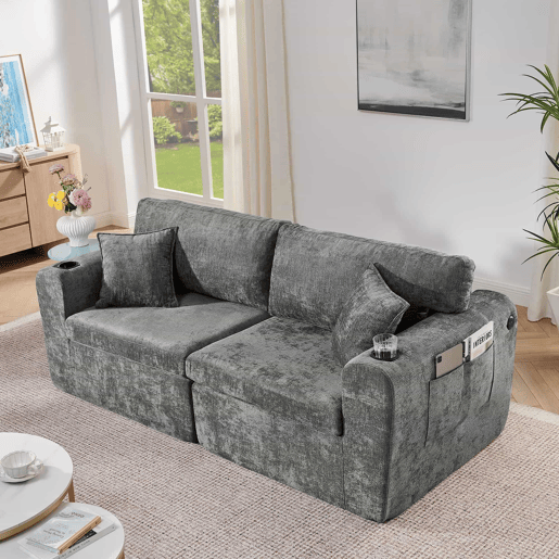 Sofá relax de 2 lugares - para espaços pequenos - tecido de chenille macio, bolso lateral, porta-copos e almofadas, adequado para a sala de estar, escritório, quarto de hóspedes e apartamentos - Cinza Sofá relax de 2 lugares - para espaços pequenos - tecido de chenille macio, bolso lateral, porta-copos e almofadas, adequado para a sala de estar, escritório, quarto de hóspedes e apartamentos - Cinza