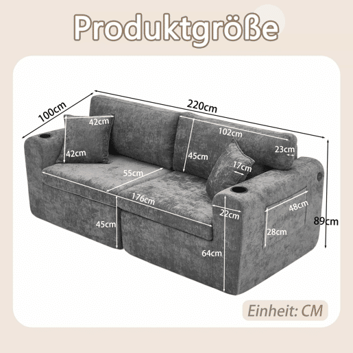 Sofá relax de 2 lugares - para espaços pequenos - tecido de chenille macio, bolso lateral, porta-copos e almofadas, adequado para a sala de estar, escritório, quarto de hóspedes e apartamentos - Cinza Sofá relax de 2 lugares - para espaços pequenos - tecido de chenille macio, bolso lateral, porta-copos e almofadas, adequado para a sala de estar, escritório, quarto de hóspedes e apartamentos - Cinza