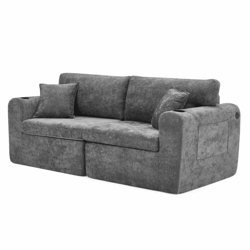 Sofá relax de 2 lugares - para espaços pequenos - tecido de chenille macio, bolso lateral, porta-copos e almofadas, adequado para a sala de estar, escritório, quarto de hóspedes e apartamentos - Cinza Sofá relax de 2 lugares - para espaços pequenos - tecido de chenille macio, bolso lateral, porta-copos e almofadas, adequado para a sala de estar, escritório, quarto de hóspedes e apartamentos - Cinza