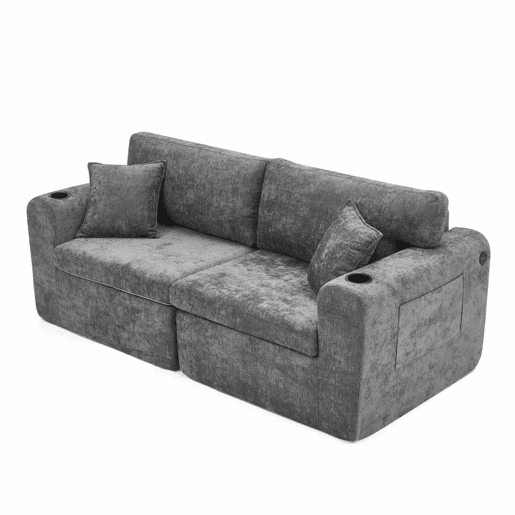 Sofá relax de 2 lugares - para espaços pequenos - tecido de chenille macio, bolso lateral, porta-copos e almofadas, adequado para a sala de estar, escritório, quarto de hóspedes e apartamentos - Cinza Sofá relax de 2 lugares - para espaços pequenos - tecido de chenille macio, bolso lateral, porta-copos e almofadas, adequado para a sala de estar, escritório, quarto de hóspedes e apartamentos - Cinza