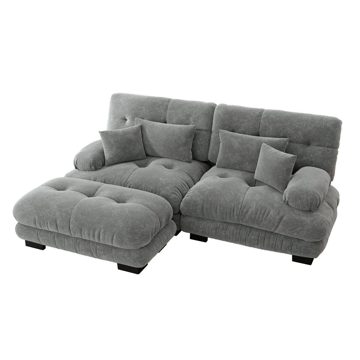 Sofá esquinero modular de chenilla con otomana y cojines
