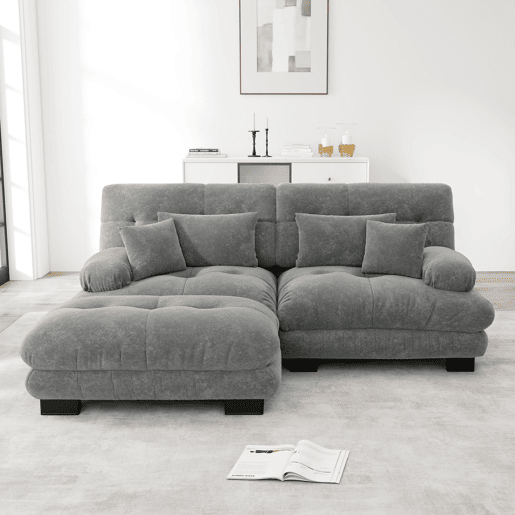 Sofá de Canto Modular em Chenille com Puff e Almofadas (RIFTFLARE) Sofá de Canto Modular em Chenille com Puff e Almofadas (RIFTFLARE)