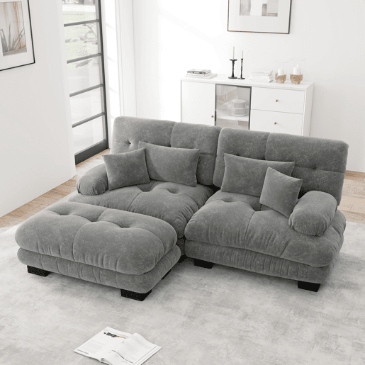 Sofá de Canto Modular em Chenille com Puff e Almofadas (RIFTFLARE) Sofá de Canto Modular em Chenille com Puff e Almofadas (RIFTFLARE)