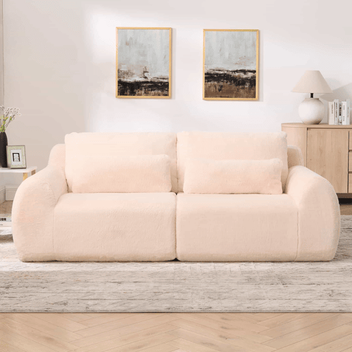 Sofá de 2 lugares - tecido felpudo sintético estilo coelho, macio e de alta resiliência, porta de carregamento USB, bolso lateral para revistas - Rosa Sofá de 2 lugares - tecido felpudo sintético estilo coelho, macio e de alta resiliência, porta de carregamento USB, bolso lateral para revistas - Rosa