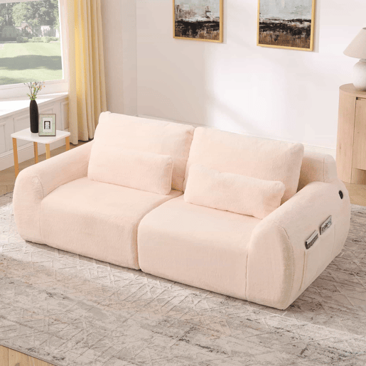 Sofá de 2 lugares - tecido felpudo sintético estilo coelho, macio e de alta resiliência, porta de carregamento USB, bolso lateral para revistas - Rosa Sofá de 2 lugares - tecido felpudo sintético estilo coelho, macio e de alta resiliência, porta de carregamento USB, bolso lateral para revistas - Rosa