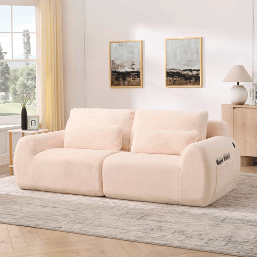 Sofá de 2 lugares - tecido felpudo sintético estilo coelho, macio e de alta resiliência, porta de carregamento USB, bolso lateral para revistas - Rosa Sofá de 2 lugares - tecido felpudo sintético estilo coelho, macio e de alta resiliência, porta de carregamento USB, bolso lateral para revistas - Rosa