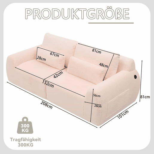 Sofá de 2 lugares - tecido felpudo sintético estilo coelho, macio e de alta resiliência, porta de carregamento USB, bolso lateral para revistas - Rosa Sofá de 2 lugares - tecido felpudo sintético estilo coelho, macio e de alta resiliência, porta de carregamento USB, bolso lateral para revistas - Rosa