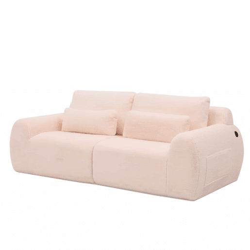 Sofá de 2 lugares - tecido felpudo sintético estilo coelho, macio e de alta resiliência, porta de carregamento USB, bolso lateral para revistas - Rosa Sofá de 2 lugares - tecido felpudo sintético estilo coelho, macio e de alta resiliência, porta de carregamento USB, bolso lateral para revistas - Rosa