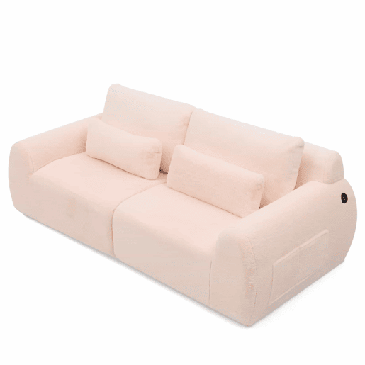 Sofá de 2 lugares - tecido felpudo sintético estilo coelho, macio e de alta resiliência, porta de carregamento USB, bolso lateral para revistas - Rosa Sofá de 2 lugares - tecido felpudo sintético estilo coelho, macio e de alta resiliência, porta de carregamento USB, bolso lateral para revistas - Rosa