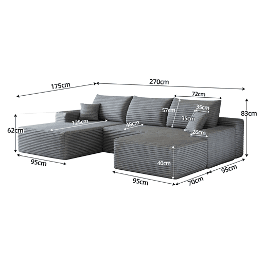 Sofá modular de canto de 270 cm - chaise longue em L, assento profundo, sem montagem, sofá compactado - Cinzento