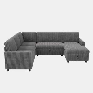 Sofá-cama de canto em forma de U, 220×274×85 cm u2014 extensível com função de cama, chaise longue com espaço de arrumação, estofo em veludo cotelê grosso, 5 lugares u2014 cinzento