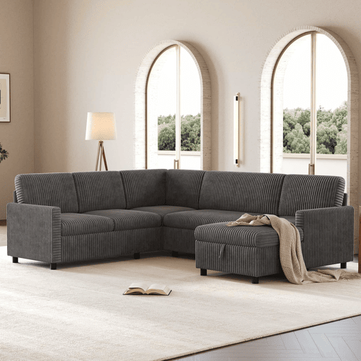 Sofá-cama de canto em forma de U, 220×274×85 cm u2014 extensível com função de cama, chaise longue com espaço de arrumação, estofo em veludo cotelê grosso, 5 lugares u2014 cinzento Sofá-cama de canto em forma de U, 220×274×85 cm u2014 extensível com função de cama, chaise longue com espaço de arrumação, estofo em veludo cotelê grosso, 5 lugares u2014 cinzento