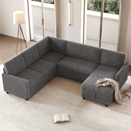 Sofá-cama de canto em forma de U, 220×274×85 cm u2014 extensível com função de cama, chaise longue com espaço de arrumação, estofo em veludo cotelê grosso, 5 lugares u2014 cinzento Sofá-cama de canto em forma de U, 220×274×85 cm u2014 extensível com função de cama, chaise longue com espaço de arrumação, estofo em veludo cotelê grosso, 5 lugares u2014 cinzento