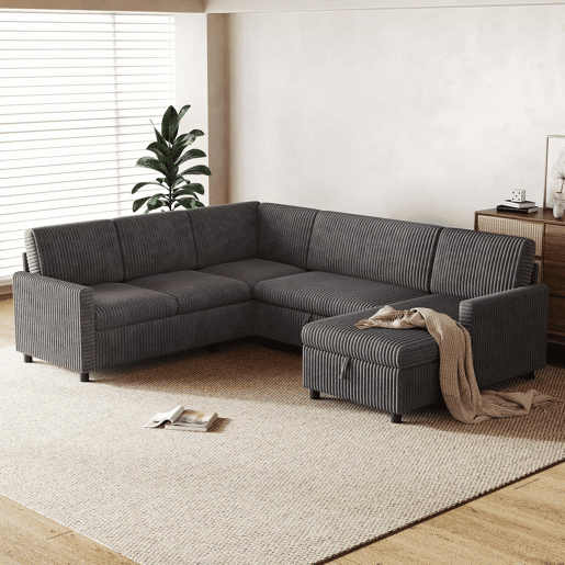 Sofá-cama de canto em forma de U, 220×274×85 cm u2014 extensível com função de cama, chaise longue com espaço de arrumação, estofo em veludo cotelê grosso, 5 lugares u2014 cinzento Sofá-cama de canto em forma de U, 220×274×85 cm u2014 extensível com função de cama, chaise longue com espaço de arrumação, estofo em veludo cotelê grosso, 5 lugares u2014 cinzento