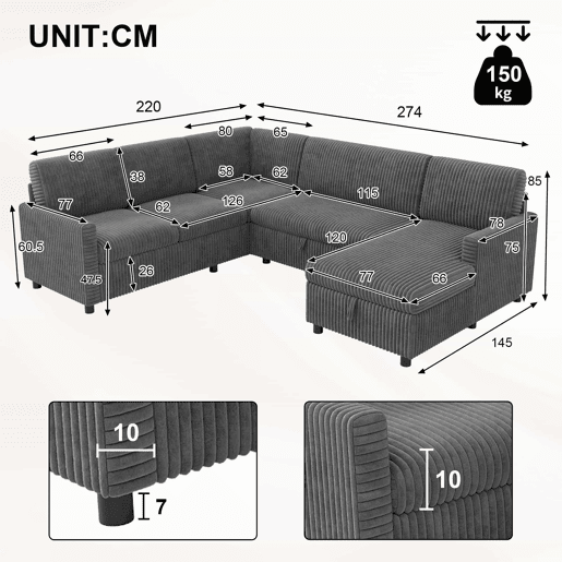Sofá-cama de canto em forma de U, 220×274×85 cm u2014 extensível com função de cama, chaise longue com espaço de arrumação, estofo em veludo cotelê grosso, 5 lugares u2014 cinzento Sofá-cama de canto em forma de U, 220×274×85 cm u2014 extensível com função de cama, chaise longue com espaço de arrumação, estofo em veludo cotelê grosso, 5 lugares u2014 cinzento