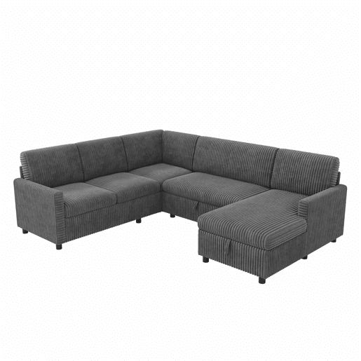 Sofá-cama de canto em forma de U, 220×274×85 cm u2014 extensível com função de cama, chaise longue com espaço de arrumação, estofo em veludo cotelê grosso, 5 lugares u2014 cinzento Sofá-cama de canto em forma de U, 220×274×85 cm u2014 extensível com função de cama, chaise longue com espaço de arrumação, estofo em veludo cotelê grosso, 5 lugares u2014 cinzento