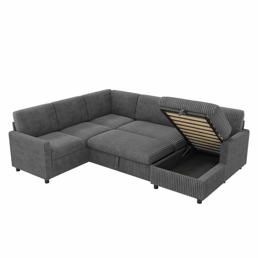 Sofá-cama de canto em forma de U, 220×274×85 cm u2014 extensível com função de cama, chaise longue com espaço de arrumação, estofo em veludo cotelê grosso, 5 lugares u2014 cinzento Sofá-cama de canto em forma de U, 220×274×85 cm u2014 extensível com função de cama, chaise longue com espaço de arrumação, estofo em veludo cotelê grosso, 5 lugares u2014 cinzento