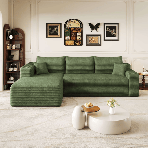 Sofá de canto modular de 241 cm - design moderno «nuvem», assento profundo, sem montagem - verde Sofá de canto modular de 241 cm - design moderno «nuvem», assento profundo, sem montagem - verde