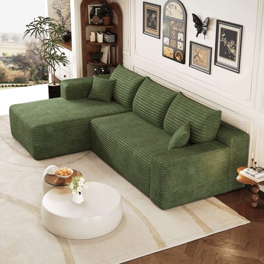Sofá de canto modular de 241 cm - design moderno «nuvem», assento profundo, sem montagem - verde Sofá de canto modular de 241 cm - design moderno «nuvem», assento profundo, sem montagem - verde