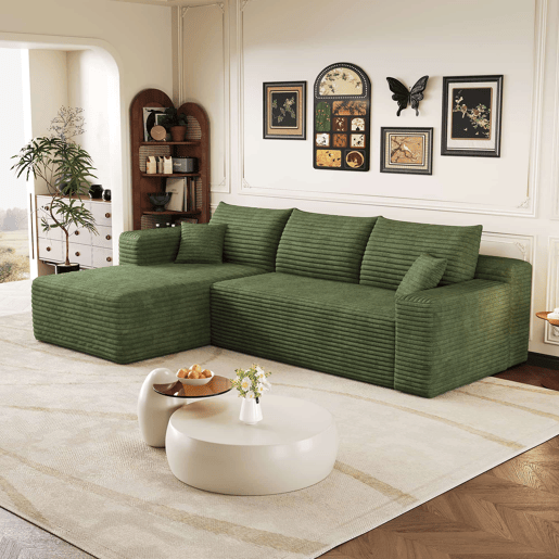 Sofá de canto modular de 241 cm - design moderno «nuvem», assento profundo, sem montagem - verde Sofá de canto modular de 241 cm - design moderno «nuvem», assento profundo, sem montagem - verde