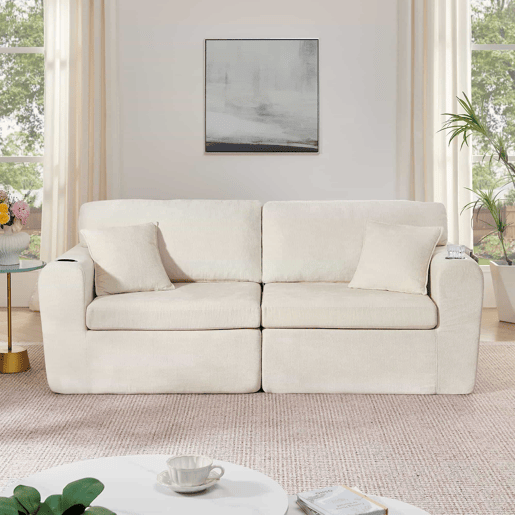 Sofá relax de 2 lugares - ideal para espaços pequenos, tecido de chenille macio, bolso lateral para revistas, porta-copos e almofadas, adequado para a sala de estar, escritório, quarto de hóspedes e apartamentos - Bege Sofá relax de 2 lugares - ideal para espaços pequenos, tecido de chenille macio, bolso lateral para revistas, porta-copos e almofadas, adequado para a sala de estar, escritório, quarto de hóspedes e apartamentos - Bege