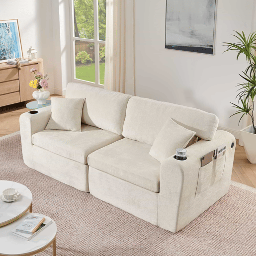 Sofá relax de 2 lugares - ideal para espaços pequenos, tecido de chenille macio, bolso lateral para revistas, porta-copos e almofadas, adequado para a sala de estar, escritório, quarto de hóspedes e apartamentos - Bege Sofá relax de 2 lugares - ideal para espaços pequenos, tecido de chenille macio, bolso lateral para revistas, porta-copos e almofadas, adequado para a sala de estar, escritório, quarto de hóspedes e apartamentos - Bege