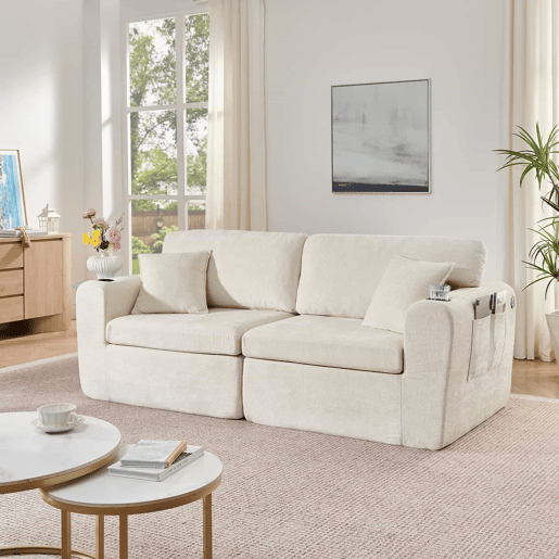 Sofá relax de 2 lugares - ideal para espaços pequenos, tecido de chenille macio, bolso lateral para revistas, porta-copos e almofadas, adequado para a sala de estar, escritório, quarto de hóspedes e apartamentos - Bege Sofá relax de 2 lugares - ideal para espaços pequenos, tecido de chenille macio, bolso lateral para revistas, porta-copos e almofadas, adequado para a sala de estar, escritório, quarto de hóspedes e apartamentos - Bege