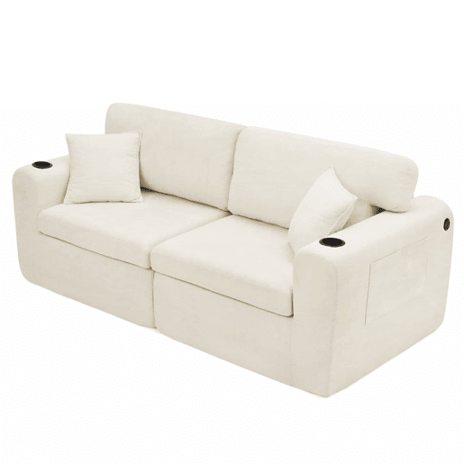 Sofá relax de 2 lugares - ideal para espaços pequenos, tecido de chenille macio, bolso lateral para revistas, porta-copos e almofadas, adequado para a sala de estar, escritório, quarto de hóspedes e apartamentos - Bege Sofá relax de 2 lugares - ideal para espaços pequenos, tecido de chenille macio, bolso lateral para revistas, porta-copos e almofadas, adequado para a sala de estar, escritório, quarto de hóspedes e apartamentos - Bege