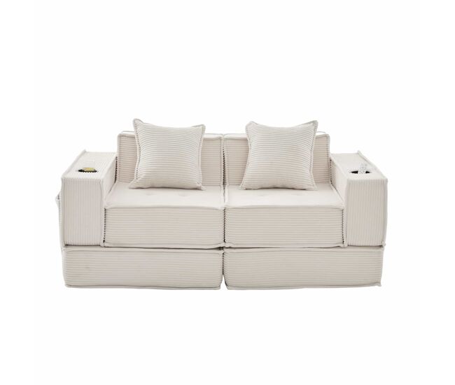 Sofá cama de dos plazas: sofá moderno de tela con cojines, puf con espacio de almacenamiento y posavasos – beige