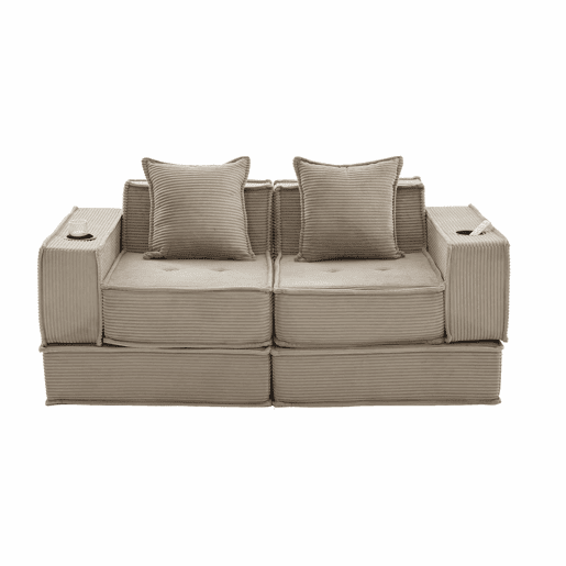 Sofá-cama duplo de 2 lugares u2013 moderno, com almofadas e apoio para os pés decorativo com arrumação lateral e porta-copos, ideal para recantos de leitura e salas de jogos u2013 cáqui Sofá-cama duplo de 2 lugares u2013 moderno, com almofadas e apoio para os pés decorativo com arrumação lateral e porta-copos, ideal para recantos de leitura e salas de jogos u2013 cáqui